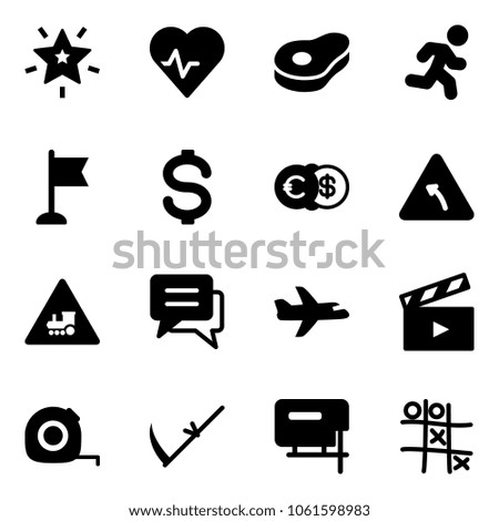 Solid vector icon set - christmas star vector, heart pulse, meat, run, flag, dollar, euro, turn left road sign, railway intersection, chat, plane, movie flap, measuring tape, scythe, jig saw