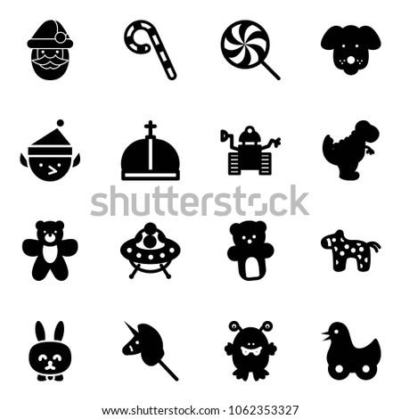 Solid vector icon set - santa claus vector, lollipop, dog, christmas elf, crown, robot, dinosaur toy, bear, ufo, horse, rabbit, unicorn stick, monster, duck