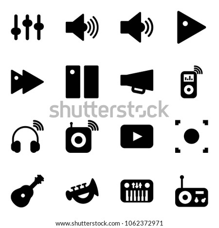 Solid vector icon set - settings vector, volume max, medium, play, fast forward, pause, loudspeaker, music player, wireless headphones, speaker, playback, record button, guitar, horn toy, piano