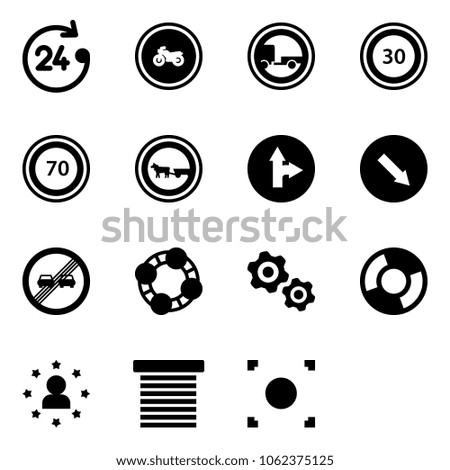 Solid vector icon set - 24 hours vector, no moto road sign, trailer, speed limit 30, 70, cart horse, only forward right, detour, end overtake, friends, gears, circle chart, star man, jalousie