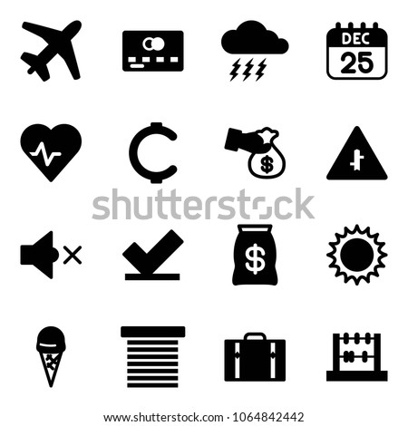 Solid vector icon set - plane vector, credit card, storm, 25 dec calendar, heart pulse, cent, encashment, intersection road sign, volume off, check, money bag, sun, ice cream, jalousie, suitcase