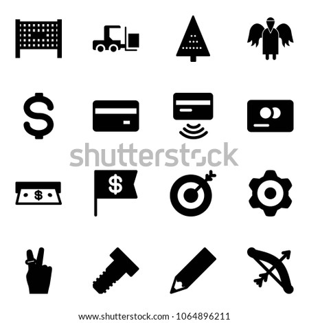 Solid vector icon set - fenced area vector, fork loader, christmas tree, angel, dollar, credit card, tap pay, cash, flag, target, gear, victory, bolt, pencil, bow