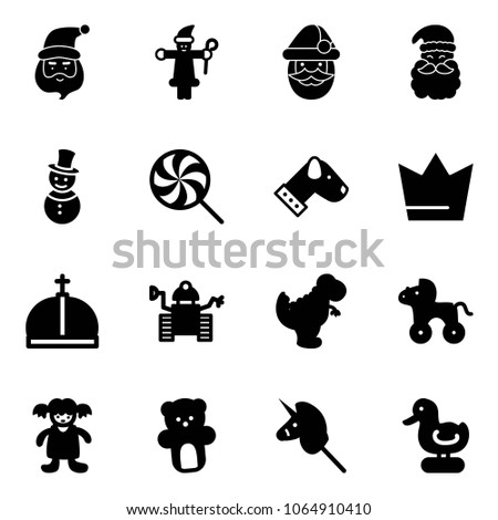 Solid vector icon set - santa claus vector, snowman, lollipop, dog, crown, robot, dinosaur toy, wheel horse, doll, bear, unicorn stick, duck