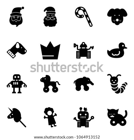 Solid vector icon set - santa claus vector, lollipop, dog, crown, robot, duck toy, wheel horse, elephant, caterpillar, unicorn stick, doll, cat