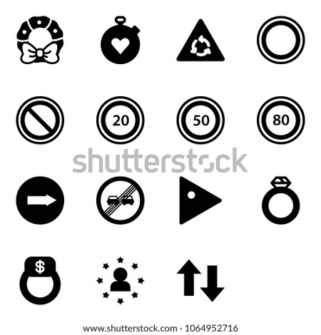 Solid vector icon set - christmas wreath vector, stopwatch heart, round motion road sign, prohibition, speed limit 20, 50, 80, only right, end overtake, play, diamond ring, finger, star man