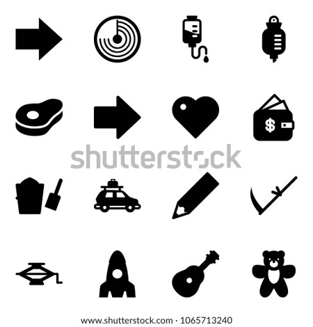 Solid vector icon set - right arrow vector, radar, drop counter, meat, heart, finance management, bucket scoop, car baggage, pencil, scythe, jack, rocket, guitar, bear toy