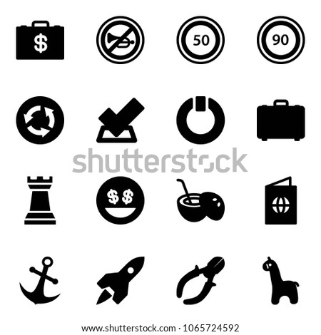 Solid vector icon set - money case vector, no horn road sign, speed limit 50, 90, circle, check, standby, chess tower, smile, coconut cocktail, passport, anchor, rocket, side cutters, toy giraffe