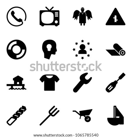 Solid vector icon set - phone vector, tv, angel, intersection road sign, lifebuoy, head bulb, star man, mat, bungalow, t shirt, wrench, chisel, drill, farm fork, wheelbarrow, sailboat toy