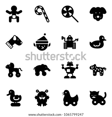 Solid vector icon set - baby vector, lollipop, dog, christmas elf, robot, duck toy, wheel horse, elephant, monster, cat