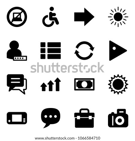 Solid vector icon set - no computer sign vector, disabled, right arrow, sun, user password, menu, refresh, play, chat, arrows up, money, game console, tool box, camera