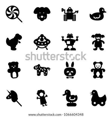 Solid vector icon set - lollipop vector, dog, robot, duck toy, dinosaur, ufo, doll, bear, horse, rabbit, unicorn stick