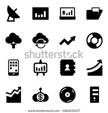 Solid vector icon set - satellite antenna vector, statistics, account, folder, upload cloud, refresh, growth arrow, circle chart, mobile, presentation, contact book, rise, dollar, cd, server