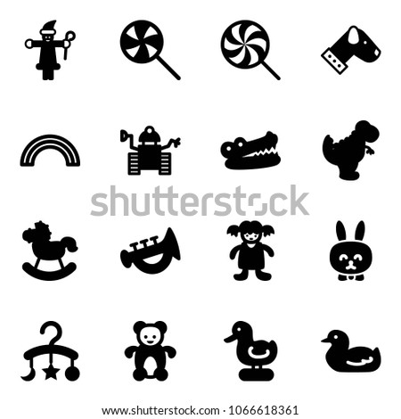 Solid vector icon set - santa claus vector, lollipop, dog, rainbow, robot, crocodile, dinosaur toy, rocking horse, horn, doll, rabbit, baby carousel, bear, duck