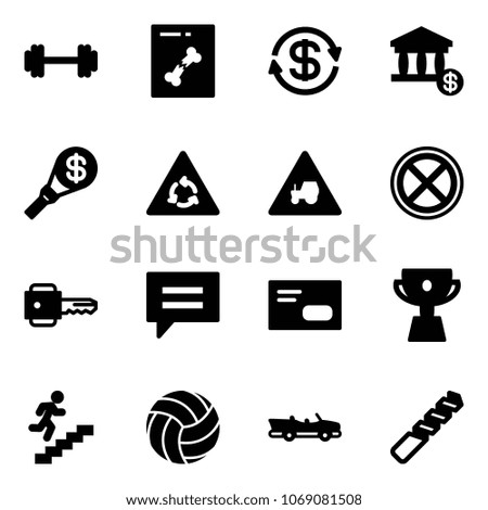 Solid vector icon set - barbell vector, x ray, dollar exchange, account, money torch, round motion road sign, tractor way, no stop, key, chat, envelope, cup, career, volleyball, cabrio, drill