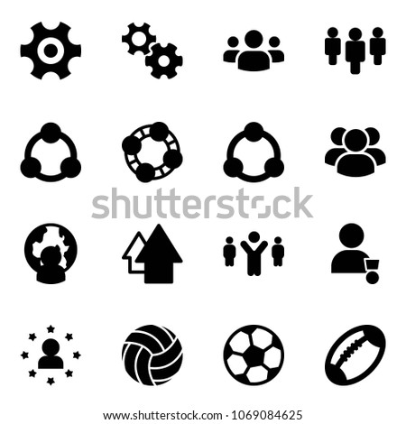 Solid vector icon set - gear vector, group, social, friends, community, man globe, arrow up, team leader, winner, star, volleyball, soccer ball, football