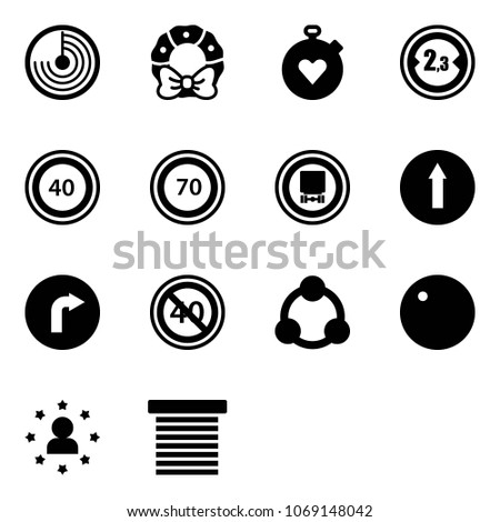 Solid vector icon set - radar vector, christmas wreath, stopwatch heart, limited width road sign, speed limit 40, 70, no dangerous cargo, only forward, right, end minimal, social, record, star man