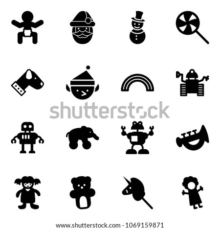 Solid vector icon set - baby vector, santa claus, snowman, lollipop, dog, christmas elf, rainbow, robot, elephant wheel, horn toy, doll, bear, unicorn stick