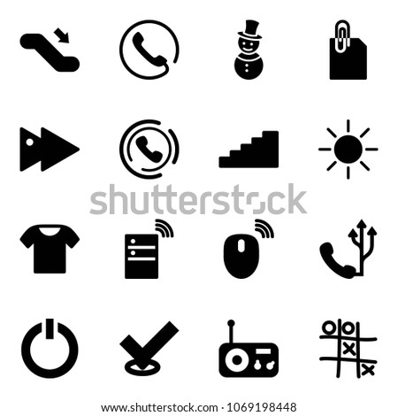 Solid vector icon set - escalator down vector, phone, snowman, attachment, fast forward, horn, stairs, sun, t shirt, server wireless, mouse, standby button, check, radio, Tic tac toe