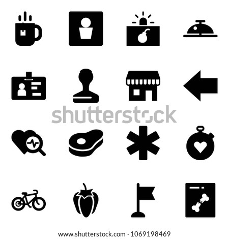 Solid vector icon set - tea vector, male wc, terrorism, client bell, identity, stamp, duty free, left arrow, heart diagnosis, meat, ambulance star, stopwatch, bike, sweet pepper, flag, x ray