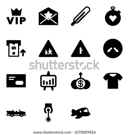 Solid vector icon set - vip vector, star letter, thermometer, stopwatch heart, atm, children road sign, intersection, detour, envelope, presentation chart, dollar growth, t shirt, cabrio, laser