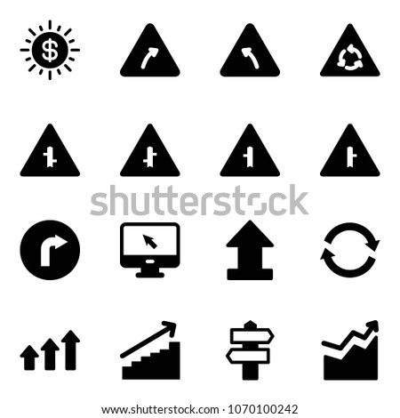 Solid vector icon set - dollar sun vector, turn right road sign, left, round motion, intersection, only, monitor cursor, uplooad, refresh, arrows up, growth, signpost