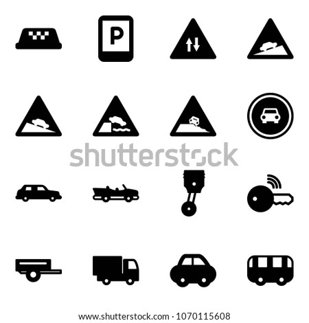 Solid vector icon set - taxi vector, parking sign, oncoming traffic road, climb, steep descent, embankment, roadside, no car, limousine, cabrio, piston, wireless key, trailer, truck toy, bus