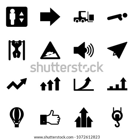 Solid vector icon set - elevator vector, right arrow, fork loader, push ups, pull, climb road sign, volume max, paper plane, growth, arrows up, air balloon, finger, winch