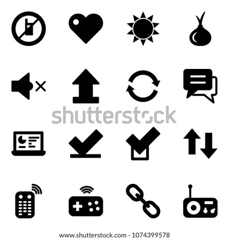Solid vector icon set - no mobile sign vector, heart, sun, onion, volume off, uplooad, refresh, chat, statistics monitor, check, up down arrows, remote control, joystick wireless, link, radio