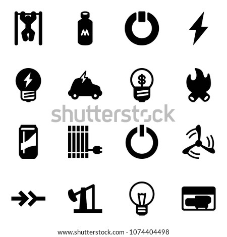 Solid vector icon set - pull ups vector, milk, standby, lightning, idea, electric car, business, fire, drink, sun panel, button, wind mill, connect, oil derrick, bulb, generator