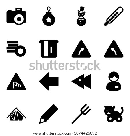Solid vector icon set - camera vector, christmas ball, snowman, thermometer, coin, atm, turn right road sign, left, side wind, arrow, fast backward, manager, tent, pencil, farm fork, toy cat