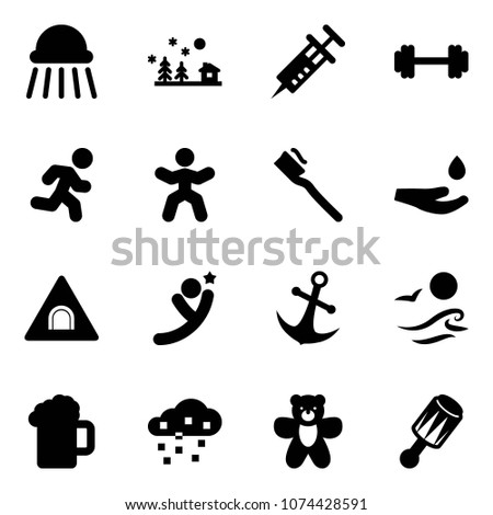 Solid vector icon set - shower vector, christmas landscape, syringe, barbell, run, gymnastics, tooth brush, drop hand, tunnel road sign, flying man, anchor, waves, beer, snow, bear toy, beanbag