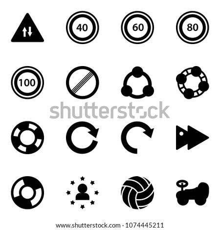 Solid vector icon set - oncoming traffic vector road sign, speed limit 40, 60, 80, 100, no, social, friends, lifebuoy, reload, redo, fast forward, circle chart, star man, volleyball, baby car