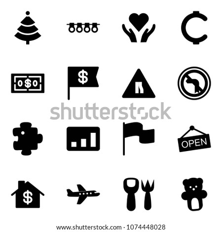 Solid vector icon set - christmas tree vector, garland, heart care, cent, dollar, flag, Road narrows sign, no left turn, puzzle, statistics, open, home, plane, shovel fork toy, bear