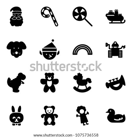 Solid vector icon set - santa claus vector, lollipop, sleigh, dog, christmas elf, rainbow, robot, dinosaur toy, bear, rocking horse, horn, rabbit, doll, duck