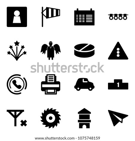 Solid vector icon set - female wc vector, side wind, schedule, garland, firework, angel, pill, traffic light road sign, phone horn, printer, car, pedestal, no signal, saw disk, toy block house