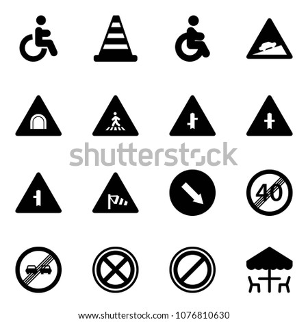 Solid vector icon set - disabled vector, road cone, climb sign, tunnel, pedestrian, intersection, side wind, detour, end speed limit, overtake, no stop, parking, outdoor cafe