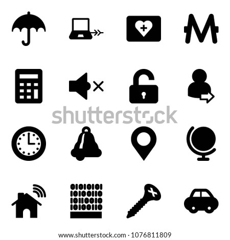 Solid vector icon set - insurance vector, notebook connect, first aid kit, monero, calculator, volume off, unlocked, user login, time, bell, map pin, globe, wireless home, binary code, screw, car