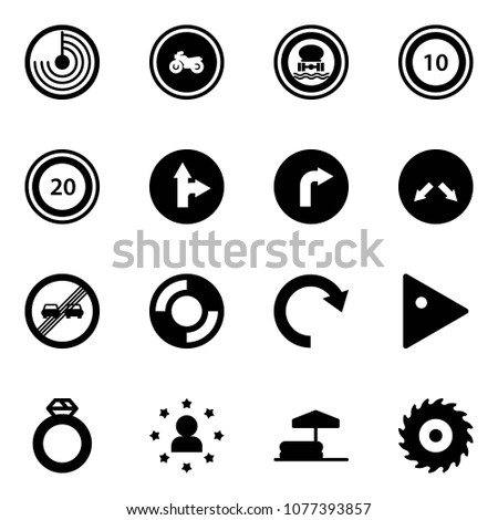 Solid vector icon set - radar vector, no moto road sign, dangerous cargo, speed limit 10, 20, only forward right, detour, end overtake, lifebuoy, redo, play, diamond ring, star man, inflatable pool