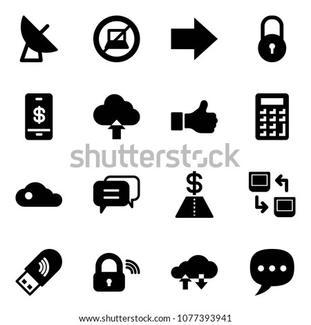 Solid vector icon set - satellite antenna vector, no computer sign, right arrow, lock, mobile payment, upload cloud, like, calculator, dialog, dollar, data exchange, usb wi fi, wireless, chat