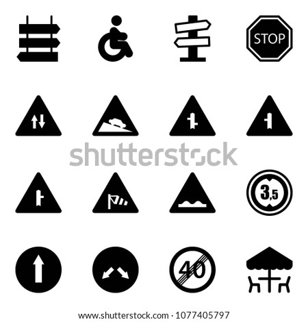 Solid vector icon set - sign post vector, disabled, road signpost, stop, oncoming traffic, steep descent, intersection, side wind, rough, limited height, only forward, detour, end speed limit