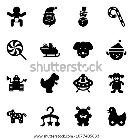 Solid vector icon set - baby vector, santa claus, snowman, lollipop, sleigh, dog, christmas elf, robot, dinosaur toy, ufo, doll, horse, carousel, monster, duck