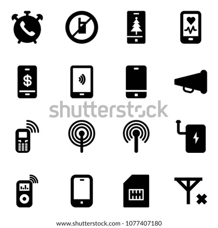 Solid vector icon set - phone alarm vector, no mobile sign, christmas, heart monitor, payment, speaker horn, antenna, power bank, music player, sim, signal