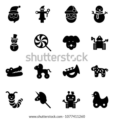 Solid vector icon set - santa claus vector, snowman, lollipop, dog, robot, crocodile, wheel horse, horn toy, caterpillar, unicorn stick, duck