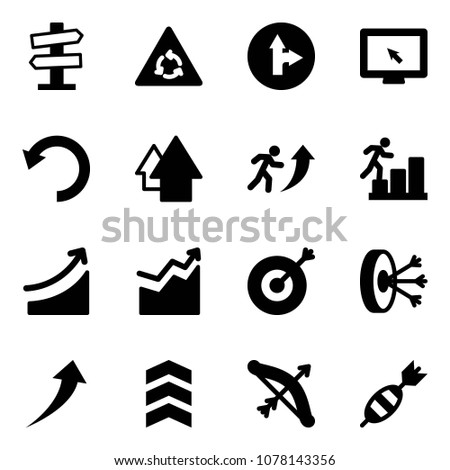 Solid vector icon set - road signpost vector sign, round motion, only forward right, monitor cursor, undo, arrow up, career, rise, growth, target, solution, chevron, bow, dart