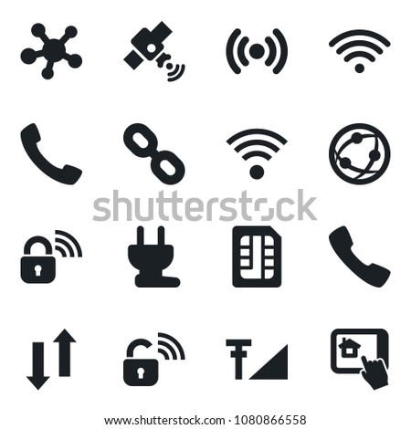 Set of vector isolated black icon - satellite vector, network, share, chain, call, sim, data exchange, cellular signal, wireless, power plug, lock, home control app