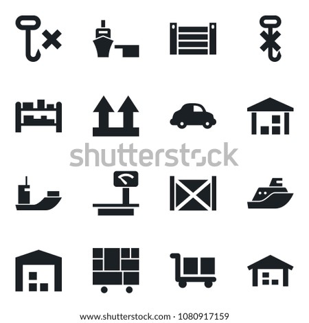Set of vector isolated black icon - sea shipping vector, car delivery, port, container, consolidated cargo, up side sign, no hook, warehouse, heavy scales, rack