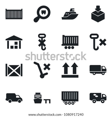 Set of vector isolated black icon - sea shipping vector, truck trailer, cargo container, car delivery, port, up side sign, no trolley, hook, warehouse, package, search, moving