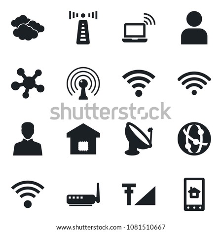 Set of vector isolated black icon - antenna vector, wireless notebook, clouds, satellite, network, share, user, cellular signal, smart home, router, control app