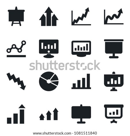 Set of vector isolated black icon - growth statistic vector, presentation board, crisis graph, monitor, statistics, bar, pie, point, arrow up