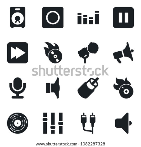 Set of vector isolated black icon - vinyl vector, flame disk, microphone, speaker, loudspeaker, settings, equalizer, pause button, fast forward, rca, record, sound